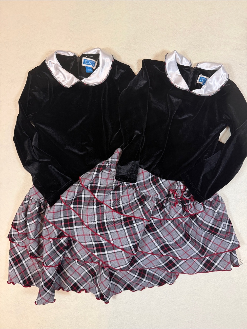 Children's Place Black Velvet Plaid Ruffle Dress MATCHING SET OF 2 Sz 5T & 3 YY